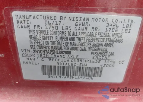 2017 Nissan Versa 1.6 Sv from USA, damaged, VIN 3N1CN7AP5HL892606